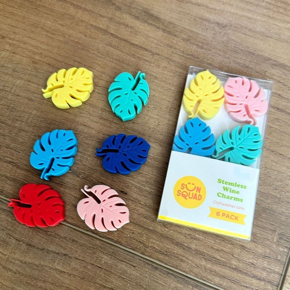 Stemless Wine Glass Charms 12 Count - Colorful Bright Palm Leaf Pool Party NEW